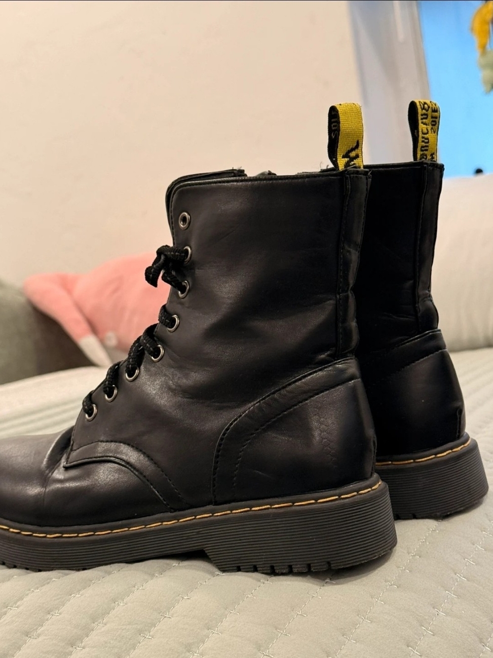 Women's Leather Black Lace-Up Side Zipper Combat Boots